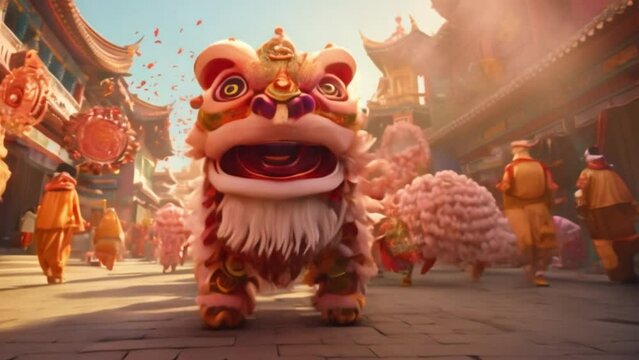 Chinese new year celebration in the night with 3d lion dance costume