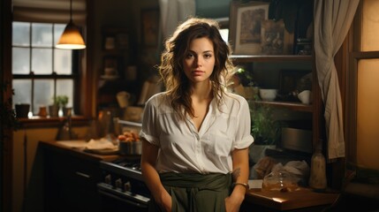 woman in a white T-shirt and green apron stands with her arms crossed in the living room.