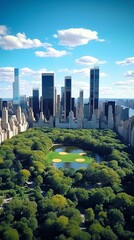 Obraz premium Aerial Helicopter Footage Over Central Park with Nature, Trees, People