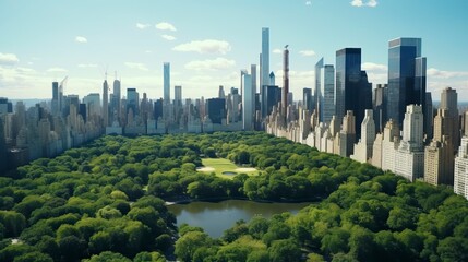 Fototapeta premium Aerial Helicopter Footage Over Central Park with Nature, Trees, People