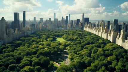 Fototapeta premium Aerial Helicopter Footage Over Central Park with Nature, Trees, People
