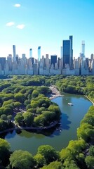 Fototapeta premium Aerial Helicopter Footage Over Central Park with Nature, Trees, People