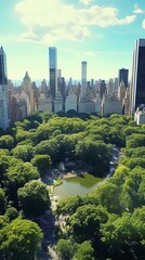 Fototapeta premium Aerial Helicopter Footage Over Central Park with Nature, Trees, People