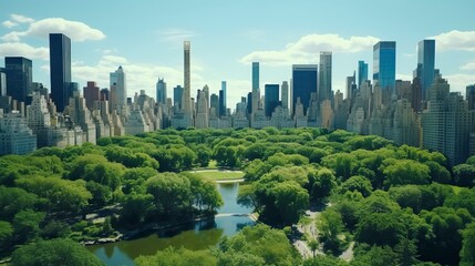 Fototapeta premium Aerial Helicopter Footage Over Central Park with Nature, Trees, People