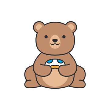Cute teddy bear sitting on the ground. Vector illustration.