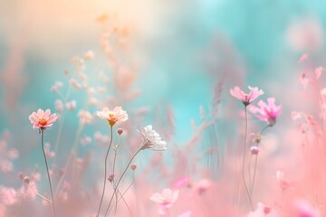 An ethereal display of delicate flowers in a dreamy pastel setting evokes a sense of calm and serenity - obrazy, fototapety, plakaty