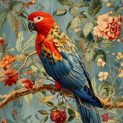 classic chinoiseries of colorful parrot on tree branches with flower drawing illustration background