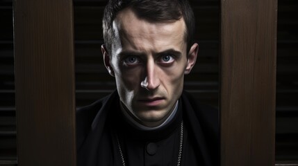 Fototapeta premium A maniac criminal dressed as a Catholic priest. Religion, crimes.