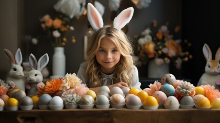 little girl sitting at the table dressed up like bunny with easter eggs.