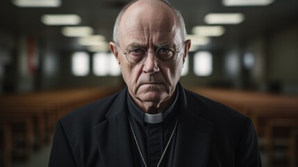 The judgmental look of a Catholic priest. A 50-year-old man looks at him with disapproval. Religion and moral dilemma. - obrazy, fototapety, plakaty