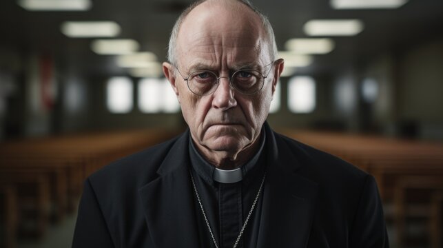 The judgmental look of a Catholic priest. A 50-year-old man looks at him with disapproval. Religion and moral dilemma.