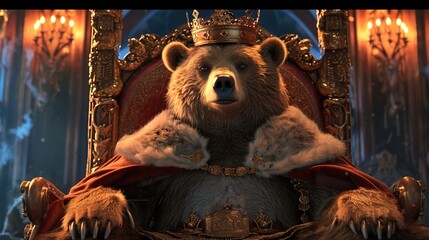 A picture of a bear wearing a crown and sitting on a throne, imagining itself as the king, generative ai - obrazy, fototapety, plakaty