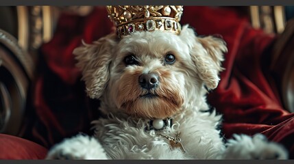 A picture of a dog wearing a crown and sitting on a throne, imagining itself as the king, generative ai