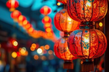 Fototapeta na wymiar Illuminated Night A Vibrant Display of Traditional Chinese Lanterns Adorning a Bustling Street During a Cultural Festival