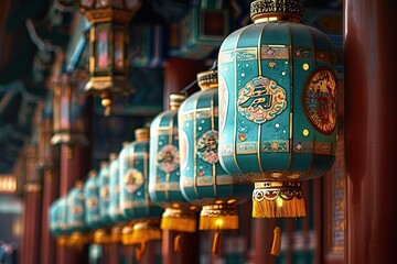 Elegant Traditional Chinese Lanterns Illuminating a Serene Temple Interior with Warm, Inviting Light