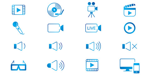 Content line icons editable set vector. Music Camera Audio Volume Video CD Record Media Microphone Webcam Television Cinema
