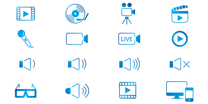 Content line icons editable set vector. Music Camera Audio Volume Video CD Record Media Microphone Webcam Television Cinema