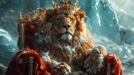 A picture of a lion wearing a crown and sitting on a throne, imagining itself as the king, generative ai