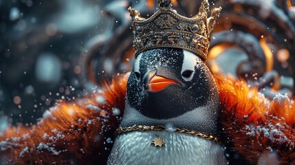 A picture of a penguin wearing a crown and sitting on a throne, imagining itself as the king, generative ai - obrazy, fototapety, plakaty