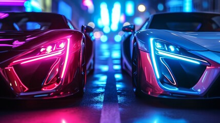 Fierce competition is captured in a startling closeup of two cars sidebyside their neon headlights...