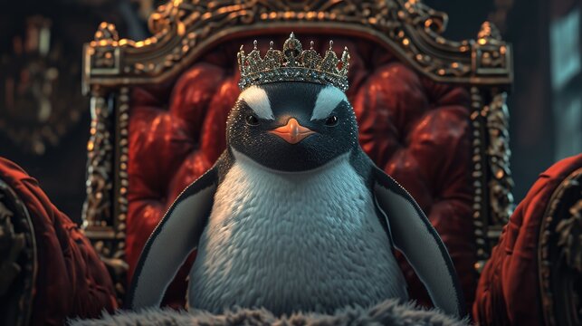 A picture of a penguin wearing a crown and sitting on a throne, imagining itself as the king, generative ai
