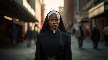 A young Catholic nun walks along a city street. Religion and culture. - obrazy, fototapety, plakaty