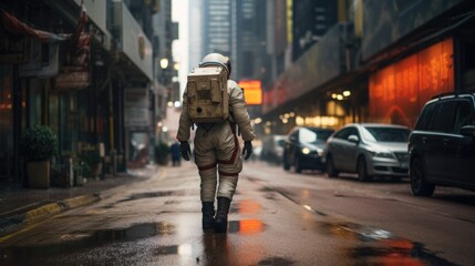 A man in a space suit walks through an empty city. Environmental issues.