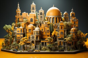 Miniature City Block with Quirky Architecture, on an isolated Mustard Yellow background, Generative AI