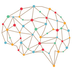 Human brain with colorful connected lines and dots. Vector network illustration.