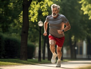 An elderly man leads an active lifestyle and goes jogging in nature. Healthy lifestyle. Happy old age and retirement.