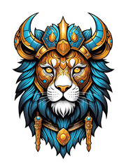 Lion head with crown and shield of gold isolated on transparent background illustration