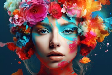Visual art photo manipulation with woman and pink flowers on her head