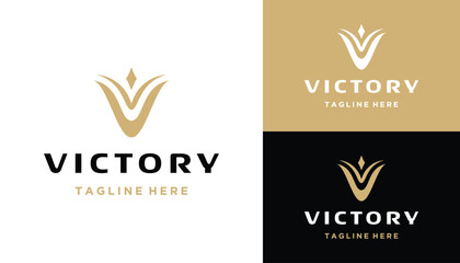 Golden Initial Letter V VV with Simple curved Geometric Line Art Logo Design