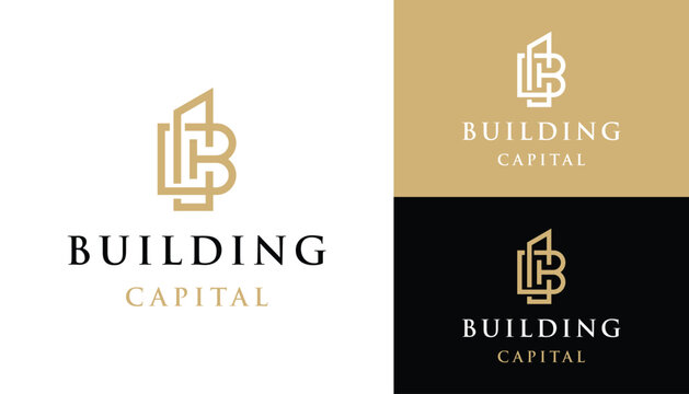Golden Initial Letter BC C B CB with simple Geometric Building Line Art Logo Design