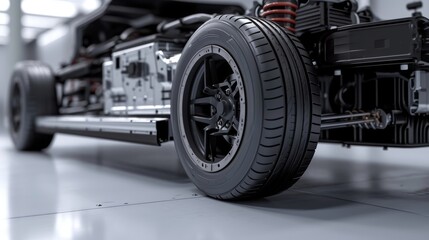 A shot of the underside of an electric car showing the flat and smooth surface that helps to reduce...