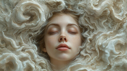 Fototapeta premium Captivating image a close up woman's face decorated with a fur. Surrealistic artwork. The intricate details, and utilize soft lighting. The magical and dreamlike ambiance.