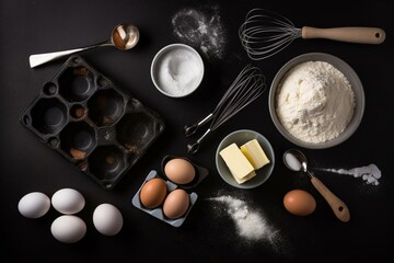 Ingredients and utensils for baking on a black background in a flat lay arrangement. Generative AI