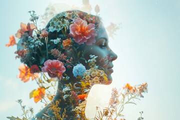 Obraz na płótnie Canvas Side profile female face and a colorful bouquet of flowers, double exposure portrait.