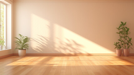 Room interior empty living room background with sunlight and shadows. Mockup wooden and parquet floor with Generative Ai.