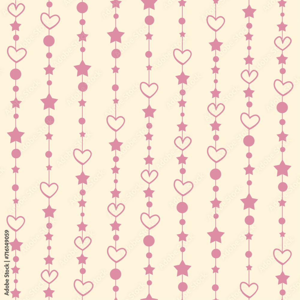 Poster rows of hearts and stars. vector pattern of repeating connected chains of hearts. pink wallpaper.