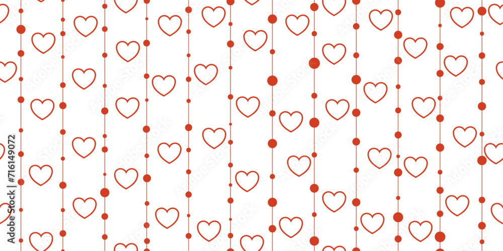 Aufkleber Rows of hearts and dots. Vector pattern of repeating connected chains of hearts. Red color.
