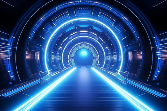 Generative AI Image of Futuristic Machine Circle Tunnel with Blue Neon Lights