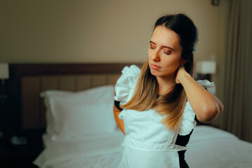 Overworked Housemaid Feeling Exhausted and in Pain. Upset housekeeper suffering from professional...