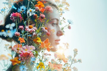 Obraz na płótnie Canvas Side profile female face and a colorful bouquet of flowers, double exposure portrait.