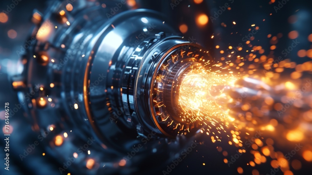 Poster a closeup of a spark plug igniting and sparking inside the exhaust creating a mesmerizing light show