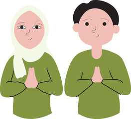 Happy Muslim people celebrate Holy Month Ramadhan, Eid Mubarak greeting, set flat vector modern illustration