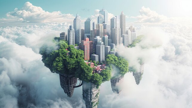 panorama of the floating city with sky clouds smoke fog wallpaper