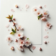 Banner with cherry blossom flowers on light white background. Greeting card template for Wedding, mothers or womans day. Springtime composition with copy space. Flat lay style 