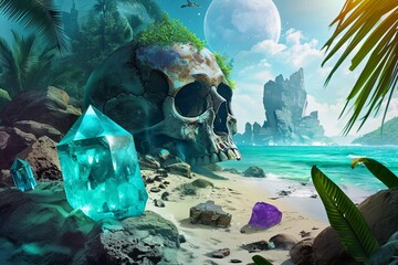 pirate skeleton island with crystals treasure map