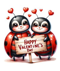Fototapeta premium Cute Ladybug Couple with happy Valentine's day wooden sign Watercolor Clipart on Transparent Background. Cute Ladybugs Valentine's Day Clipart.